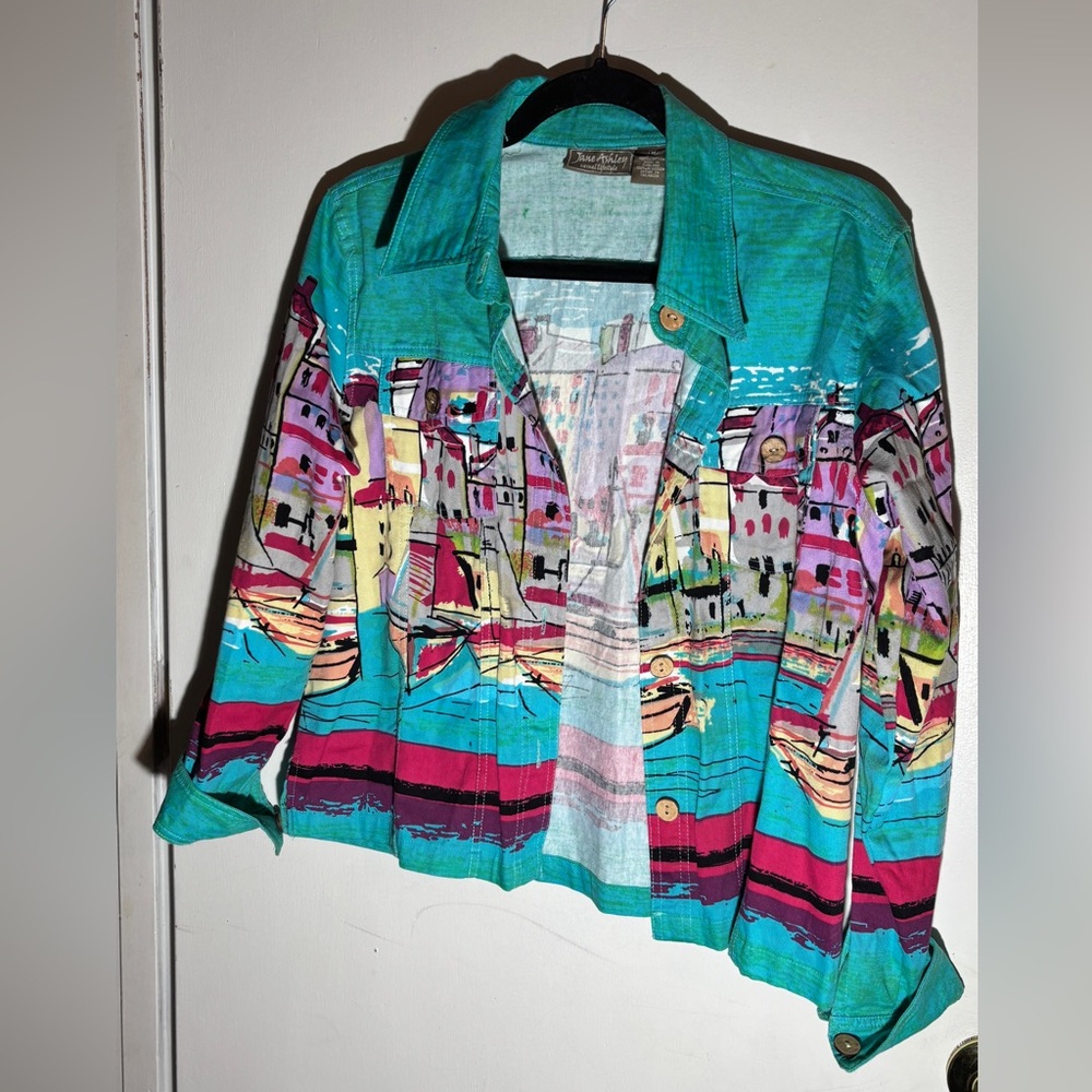 Vintage 90s Jane Ashley Hand Crafted Scenic Art Jacket Coastal Boxy